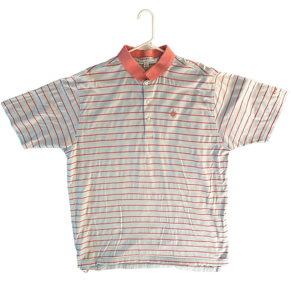 Peter Millar Polo Golf Shirt, Men's XL Light Blue/Burnt Orange Striped